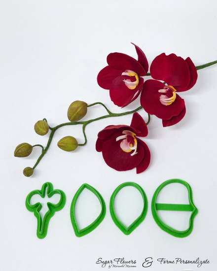 Decupatoare verzi asezate langa Orhidee Phalaenopsis rosie, pe o masa alba