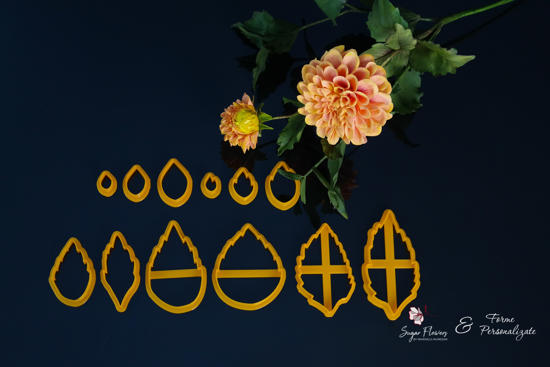 Decupatoare galbene si gri asezate in fata unei Dalii cu petale rotunde