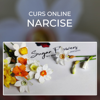 Narcise albe si galbene asezate pe o masa unde logo-ul SugarFlowers.ro se vede in fundal