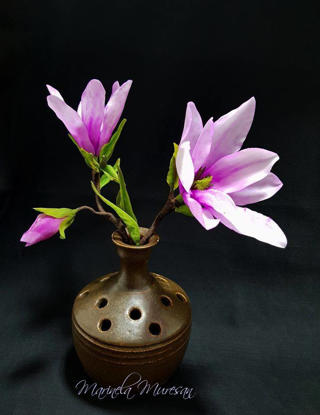 Magnolie roz asezata intr-o vaza gaurita maro, cu un fundal negru