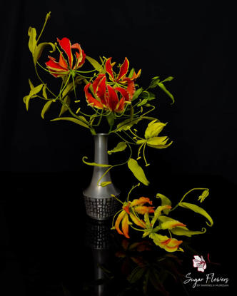 Crinul de foc cu petale vibrante în roșu și galben, prezentate într-o vază metalică elegantă.